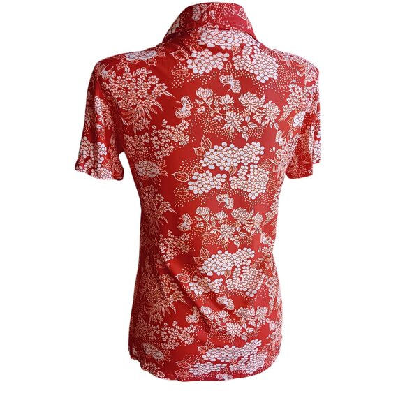 Medium True Vintage Boho Top Red White Floral Blouse 1970's Hovland Swanson USA - Picture 4 of 7
